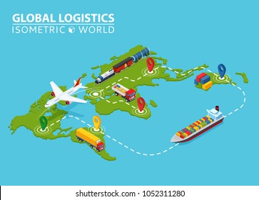 Global Logistic Isometric Vehicle Infographic. Ship Cargo Truck Van Logistics Service. Import Export Chain. Ensured Deliveries Drawing. Distribute Objects Shipment Vector. Fast Delivery Shipping