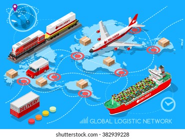 Global Logistic Isometric Vehicle Infographic. Ship Cargo Truck Van Logistics Service. Import Export Chain. Ensured Deliveries Drawing. Distribute Objects Shipment Vector. Fast Delivery Shipping