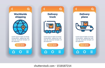 Global logistic on mobile app onboarding screens. Line icons, worldwide shipping, truck, plane delivery. Banners for website and mobile kit development UI/UX/GUI template