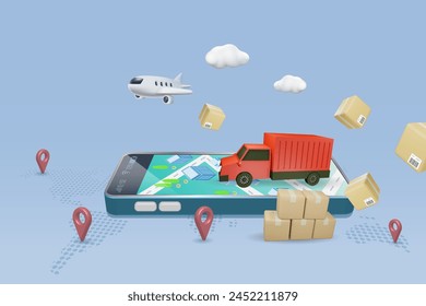 Global logistic online delivery and distribution. Truck and airplane on mobile map on smartphone with shipment box and pin point. 3D vector created from graphic software.