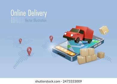 Global logistic online delivery and distribution. Truck on mobile map on smartphone with shipment box and pin point. 3D vector.