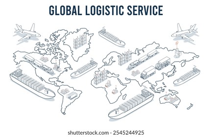 Global logistic service concept with Automated Guided Vehicles (AGVs) and Autonomous Mobile Robots (AMRs) and warehouse business. Vector illustration EPS 10