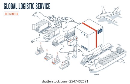 Global logistic service concept with Automated Guided Vehicles (AGVs) and Autonomous Mobile Robots (AMRs) and warehouse business. Vector illustration EPS 10