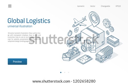 Global logistic service modern isometric line illustration. Export, import, warehouse business, transport sketch drawn icons. 3d vector background. Box storage, distribution, cargo delivery concept.