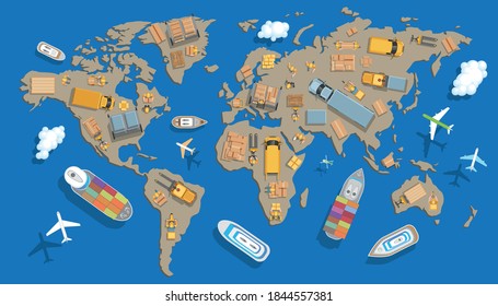 Concepto de mapa mundial de logística, envío y servicios a nivel mundial. Vista superior. Servicio logístico de camioneta de camiones de carga. Importar cadena de exportación. 