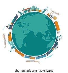 Global Logistic, Shipping And Worldwide Delivery Business Concept - Production Process From Factory To The Shop.  Earth Planet Globe Surrounded Plane, Train, Ship, Warehouse. Flat Vector Illustration