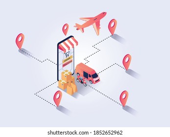 Global logistic, shopping online delivery service isometric vector concept