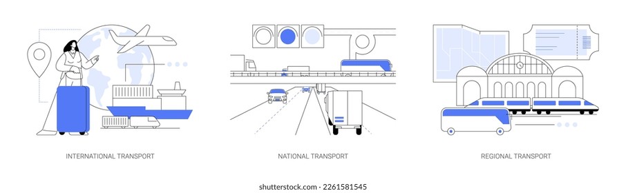 Abstraktes Konzept, Vektorgrafik-Set für globale Logistik. Internationaler Verkehr, nationaler und regionaler Transport, Luftfracht, Containerschafe, Autofahrer, abstrakte Metapher für Ticketbüros.