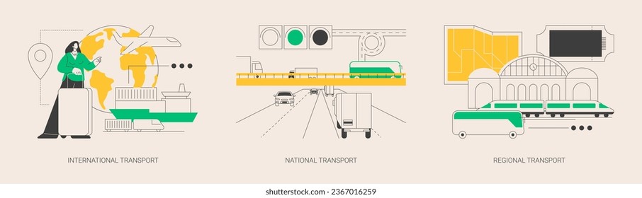 Global logistics abstract concept vector illustration set. International transport, national and regional transport, air cargo, container sheep, car driver, ticket office abstract metaphor.