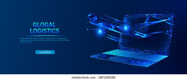 Global logistics. Abstract vector in futuristic polygonal style with wireframe, lowpoly triangles on a blue background with stars. Logistics concept. Transportation and distribution of goods.