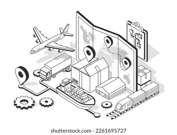 Global logistics banner. Transportation of goods and international trade, globalization. Airplane, ship and truck with containers on background of world map. Cartoon isometric vector illustration