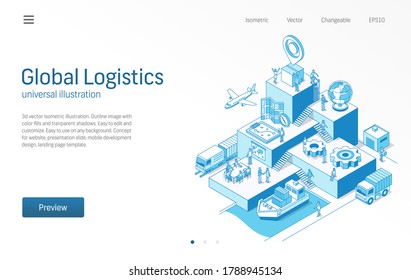 Global Logistics. Business People Teamwork. Import Or Export Modern Isometric Line Illustration. Transport, Shipping, Delivery, Distribution Icon. 3d Vector Background. Growth Step Infographic Concept