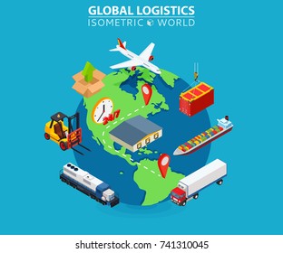 Global Logistics cargo delivery flat 3d isometric pixel art modern design concept vector worldwide shipment boat crate container loader barge van package web banners illustration