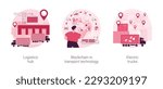 Global logistics center abstract concept vector illustration set. Logistics hub, blockchain in transport technology, electric trucks, commercial warehouse, automated freight track abstract metaphor.