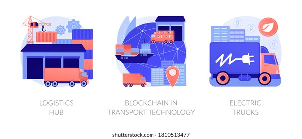 Global logistics center abstract concept vector illustration set. Logistics hub, blockchain in transport technology, electric trucks, commercial warehouse, automated freight track abstract metaphor.