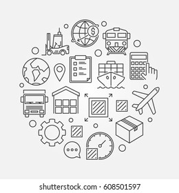 Global logistics circular symbol. Vector transportation and shipping outline symbol