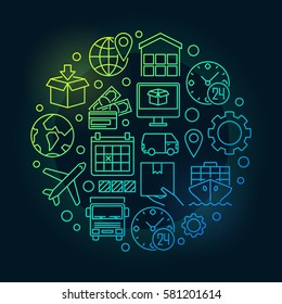Ilustración global de la logística colorida - símbolo de concepto brillante circular vectorial para la empresa logística en el fondo oscuro