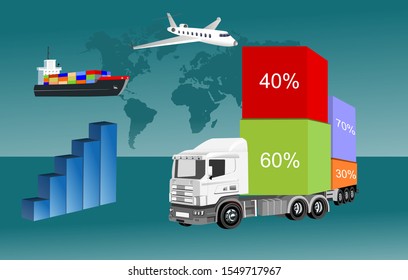 Global logistics concept, 3d vector truck wagon, cargo boxes, vector illustration