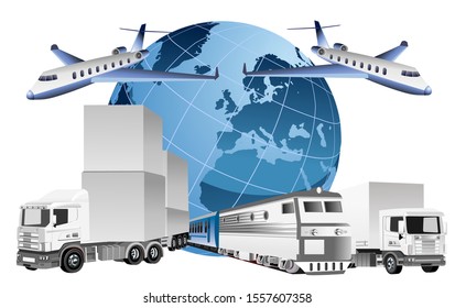 Global logistics concept, 3d vector trucks, ship, train, vector illustration
