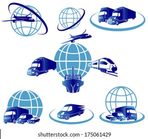 Global logistics concept illustration.. Globe, airplane (aeroplane), truck, train and cargo container ship.