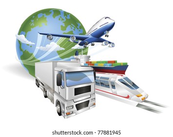 Global logistics concept illustration.. Globe, airplane (aeroplane), truck, train and cargo container ship.