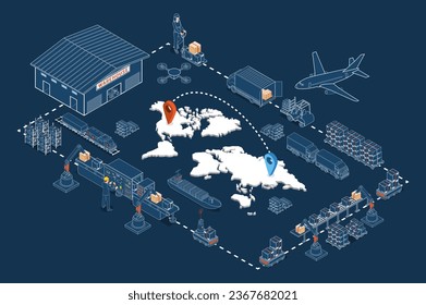 Global logistics concept with Industrial partnership, Autonomous robots, Transport, Export, Import and Industry 4.0. Vector illustration eps10