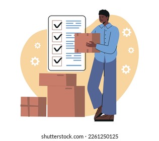 Concepto global de logística. El cliente satisfecho recibe cajas con productos pedidos. Servicio de entrega rápida o envío. Hombre sonriente cargando un paquete de mensajero. Ilustración vectorial plana moderna de dibujos animados