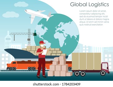 Global logistics concept. Shipping worker loading carton boxes in container with airfreight, seafreight and local transportation by train and truck, world map background. Vector Illustration.