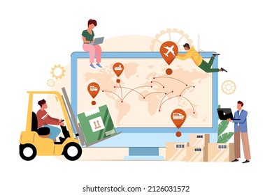 Global logistics concept vector illustration. Goods transportation and distribution. Control logistics operations, administration of delivery service. Supply chain analytics and package delivery 