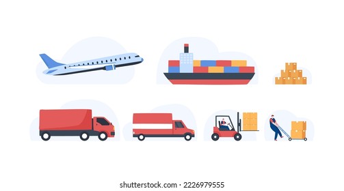 Global logistics delivery. cargo export and Import. car airplane  ship forklift  and  truck. International delivery. Illustration