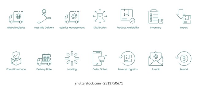Ícone do Vetor de Eficiência de Distribuição e Logística Global Definido para Inventário, Importação e Gerenciamento de Ordens