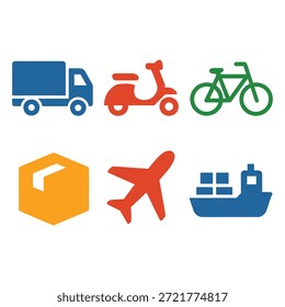 Conjunto de iconos de logística y entrega global con camión de envío, Courier Scooter, bicicleta, caja de paquete, avión de carga y barco de carga