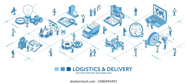 Global Logistics, delivery isometric seamless pattern. Line 3d icon, people character, arrows. Distribution, business infograph. Vector background teamwork concept illustration. Import, export journey