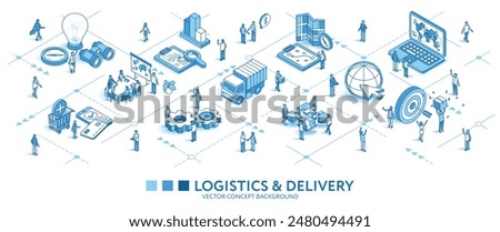 Global Logistics, delivery isometric seamless pattern. Line 3d icon, people character, arrows. Distribution, business infograph. Vector background teamwork concept illustration. Import, export journey