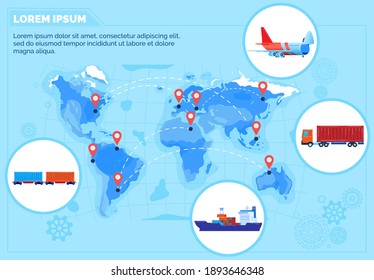 Ilustración vectorial de la red mundial de entrega logística. Mapa de la gestión del transporte marítimo mundial de la infografía plana con diferentes medios de transporte para el envío de carga, la tienda de camiones de tren o el transporte por avión