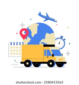 Global Logistics With Delivery Truck, Airplane, Calendar, And World Map. Flat Vector Illustration About International Shipping, Supply Chain, And Worldwide Distribution, Isolated On White