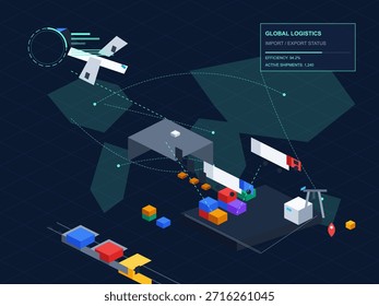 Global logistics display showing import and export status with data on shipments and efficiency levels