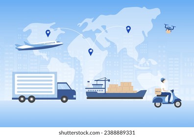 Global logistics distribution network. Export, import, warehouse business, transportation. Business logistics, Shipping delivery  by truck, plane, motorbike vector illustration