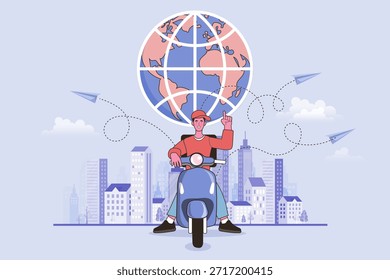 Logística global e conceito de serviço de entrega expressa. Courier homem montando scooter com grande fundo de globo mapa do mundo e aviões de papel voador. Ilustração vetorial para transporte marítimo internacional.