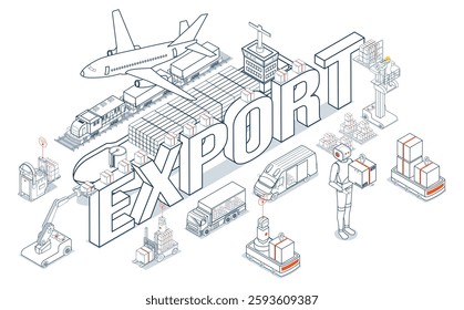 Global logistics facilitates the export of containerized cargo via ships, trucks, forklifts, and trains from industrial ports, enabling worldwide transportation.