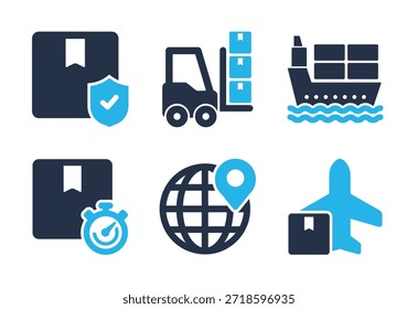 Conjunto de iconos de logística global y envío de carga. Iconos de la serie de glifos sólidos