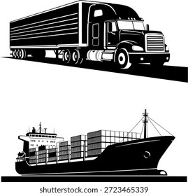 Global Logistics and Freight Transport Vector Set with Cargo Truck and Container Ship