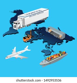 Global logistics illustration, 3d isometric vector elements set of airplane, truck, maritime shipping.  delivery service. Vehicles. 
