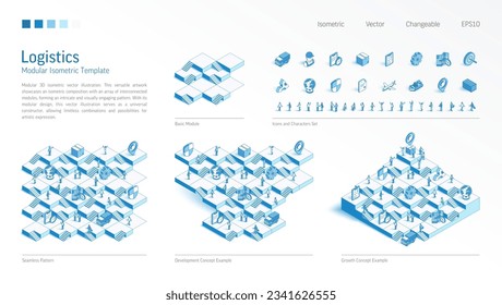 Global Logistics import, export, modular isometric constructor. Seamless pattern base, line icon, character set. Develop, growth up stairs, teamwork concept. Distribution platform. Business infograph