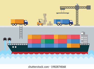 Global logistics industrial container cargo freight ship, Vector illustration in flat style