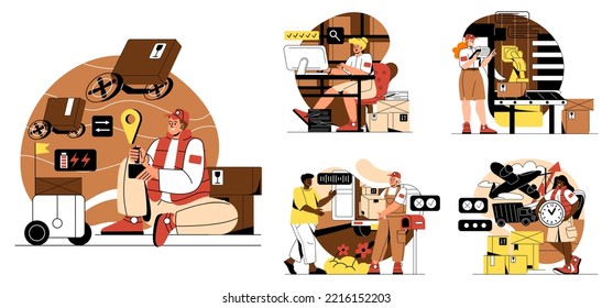 Global logistics or international shipping. Courier service staff store goods in warehouse and deliver them to customers. Import or export cargo by plane or truck. Cartoon flat vector collection