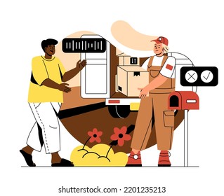 Global Logistics Or International Shipping. Young Male Courier On Truck Delivers Order Or Package To Customer. Postal Worker Gives Box With Goods. Cartoon Flat Vector Illustration In Doodle Style