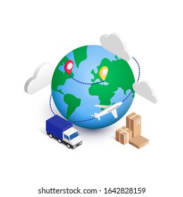 Global logistics isometric concept. 3d planet with van, boxes, ponter, clouds and airplane around. World shipping, delivery service vector Illustration