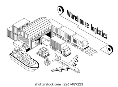 Globale logistische isometrische Linie. Schiff, LKW und Flugzeug, Zug in der Nähe Lager. Aus- und Einfuhr von Waren, Fracht und Paketen. Handel und Handel, Globalisierung. Cartoon 3D Vektorgrafik