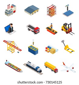 Global logistics isometric icons set of different transportation distribution vehicles and delivery elements isolated vector illustration. Logistic and delivery icon set isolated on white